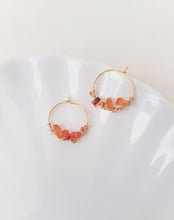 Load image into Gallery viewer, Orange Amber Stone Hoop Earrings, Golden Wired