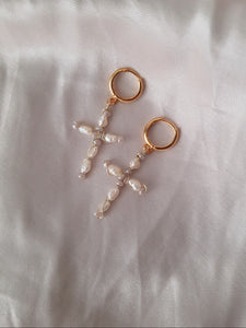 Pearl Cross Earrings - Handwired