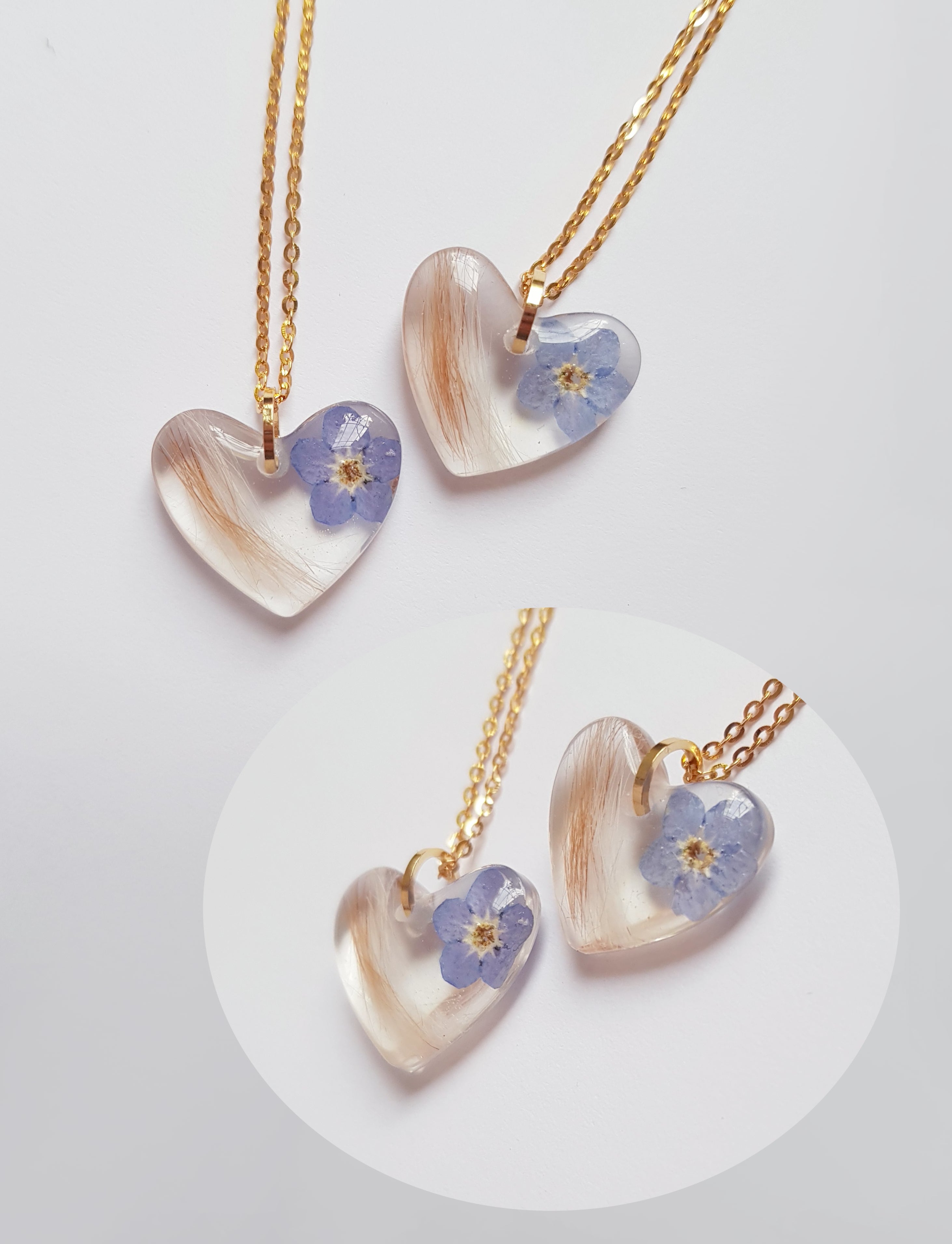 Forgetmenot Heart Shaped Resin Pendant with Hair – Vase Studio