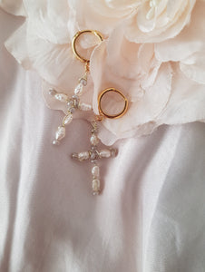 Pearl Cross Earrings - Handwired