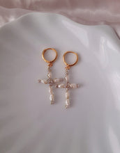 Load image into Gallery viewer, Pearl Cross Earrings - Handwired