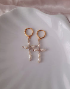 Pearl Cross Earrings - Handwired