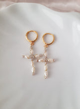 Load image into Gallery viewer, Pearl Cross Earrings - Handwired