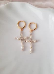 Pearl Cross Earrings - Handwired