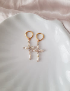 Pearl Cross Earrings - Handwired