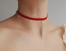 Load image into Gallery viewer, Multiple Pearl Velvet Choker in Dark-Red