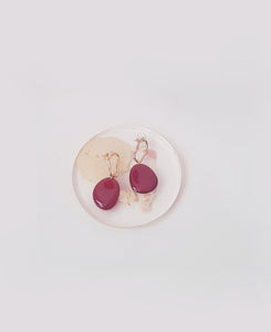 Red Drops on Asymmetric, golden Earrings