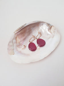 Red Drops on Asymmetric, golden Earrings