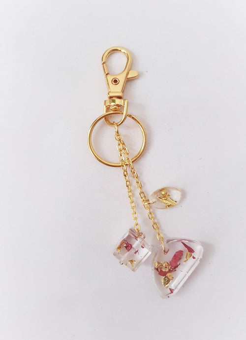 Transparent Golden Keychain - Red Petals and Gold