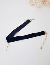 Load image into Gallery viewer, Velvety Black Choker Necklace with Golden Cross Pendant