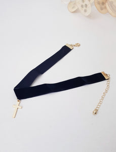 Velvety Black Choker Necklace with Golden Cross Pendant