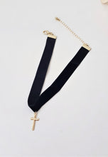 Load image into Gallery viewer, Velvety Black Choker Necklace with Golden Cross Pendant