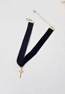 Velvety Black Choker Necklace with Golden Cross Pendant