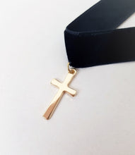 Load image into Gallery viewer, Velvety Black Choker Necklace with Golden Cross Pendant