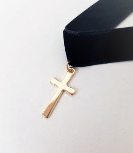 Velvety Black Choker Necklace with Golden Cross Pendant