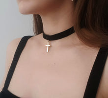 Load image into Gallery viewer, Velvety Black Choker Necklace with Golden Cross Pendant