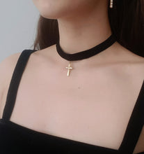 Load image into Gallery viewer, Velvety Black Choker Necklace with Golden Cross Pendant