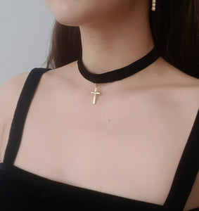 Velvety Black Choker Necklace with Golden Cross Pendant