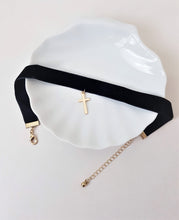 Load image into Gallery viewer, Velvety Black Choker Necklace with Golden Cross Pendant