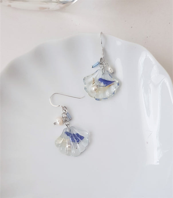 Blue Underwater Seashell Earrings, Freshwater Pearls and Flowers