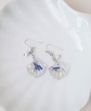 Load image into Gallery viewer, Blue Underwater Seashell Earrings, Freshwater Pearls and Flowers