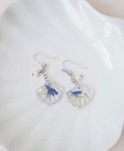 Blue Underwater Seashell Earrings, Freshwater Pearls and Flowers