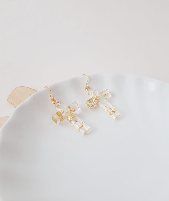 Transparent Cross Earrings with Gold Leaves