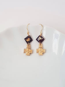 Square Cross Earrings with Dark Red and Gold