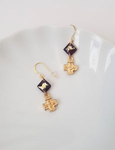 Square Cross Earrings with Dark Red and Gold