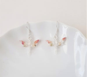 Dragon-Fly Earrings Transparent with Real Flowers - Rose / Cream