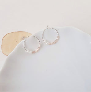 Dainty Silver Hoop Earrings with Rosé light pink and white Pearls