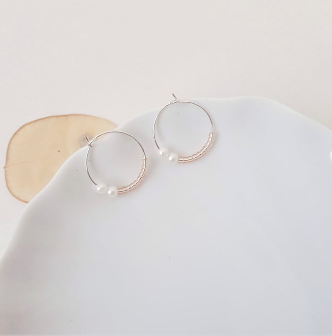 Dainty Silver Hoop Earrings with Rosé light pink and white Pearls