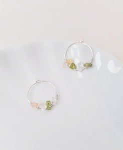 Green Olivine & Rock Crystal Hoop Earrings, 925 Sterling Silver