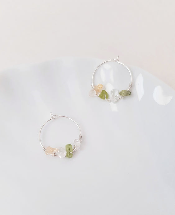 Green Olivine & Rock Crystal Hoop Earrings, 925 Sterling Silver