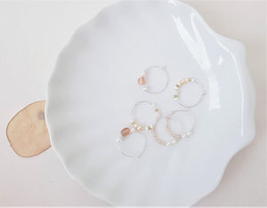 Dainty Silver Hoop Earrings with Peach Colored and White Pearls