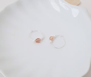 Dainty Silver Hoop Earrings with Peach Colored and White Pearls